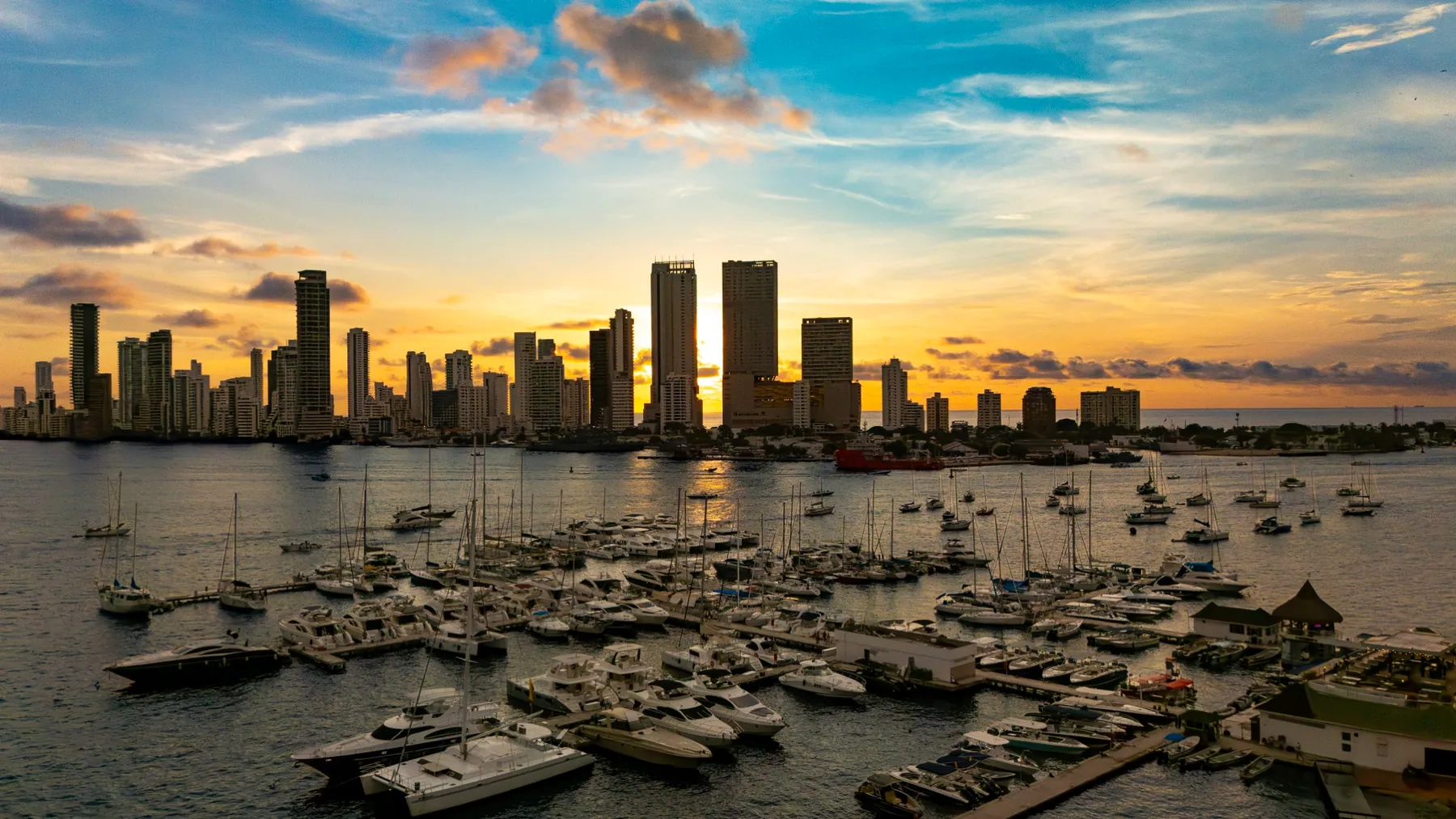 Marina and Cartagena skyline at sunset